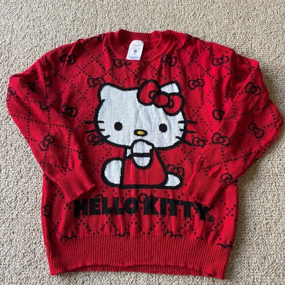 Sanrio Sweaters - Sanrio Hello Kitty Red Sweater Black Bows Cotton Blend Womens S Crew Neck Y2K
